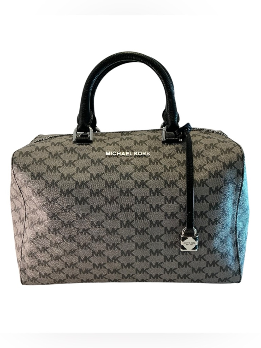 Michael Kors Satchel Handbag Gray Monogram Logo Large Duffel Double Handle Purse